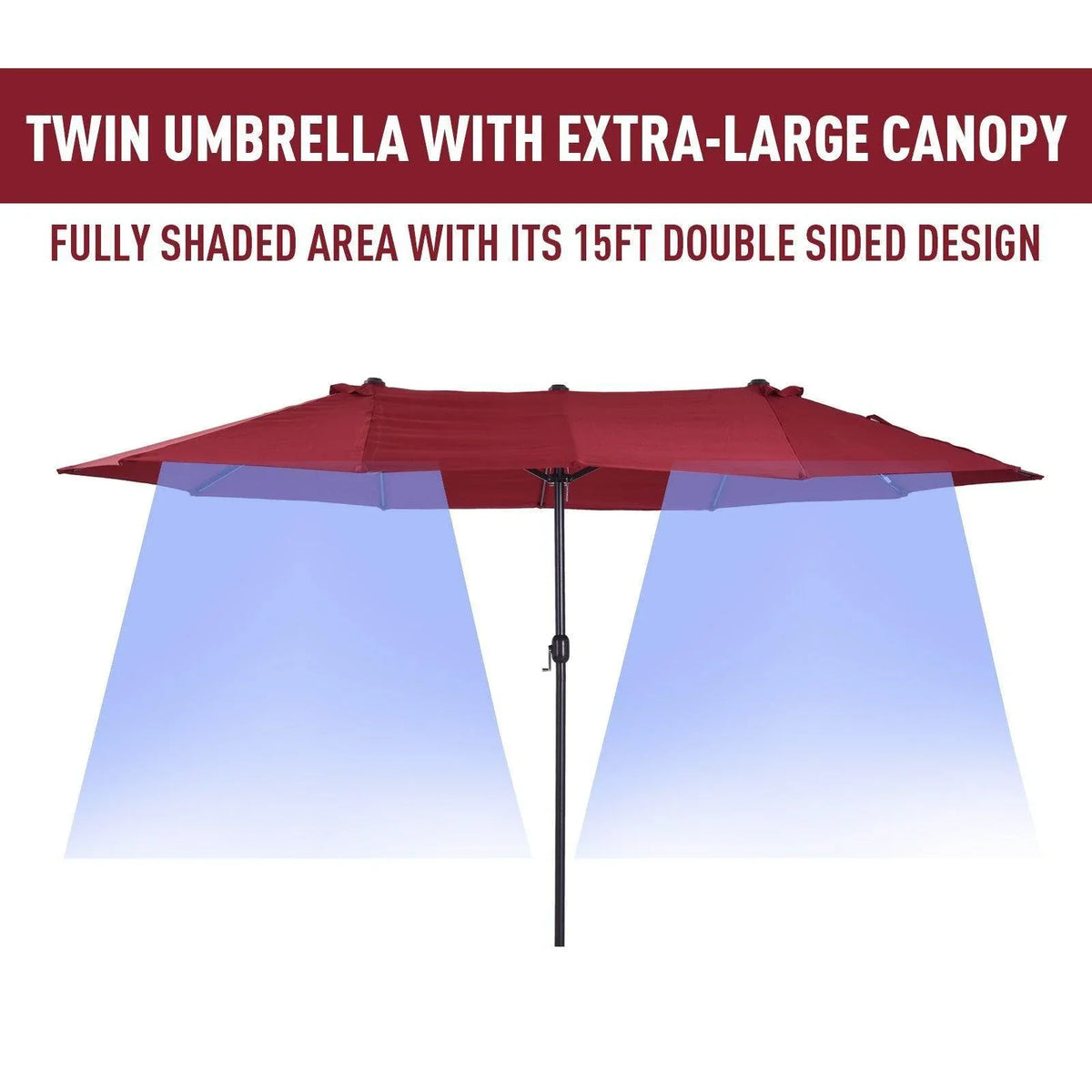 Wine red patio umbrella with extra-large double canopy design and center pole