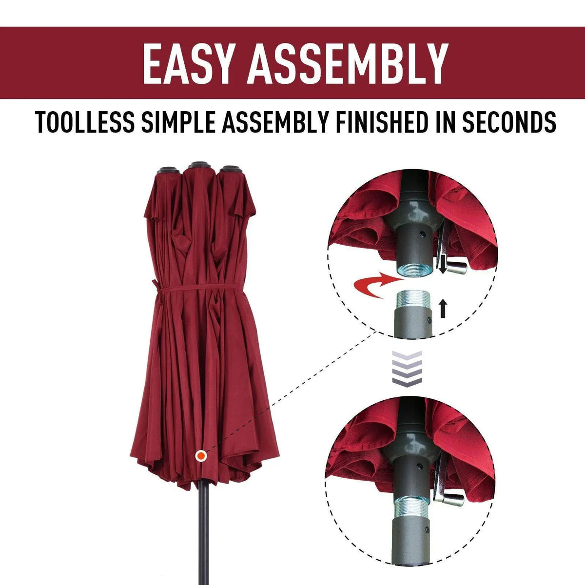 Wine red patio umbrella with easy assembly shown on the center pole