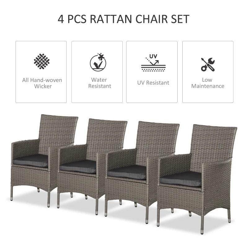 Four-piece gray-brown rattan patio armchair set with dark cushions and metal legs