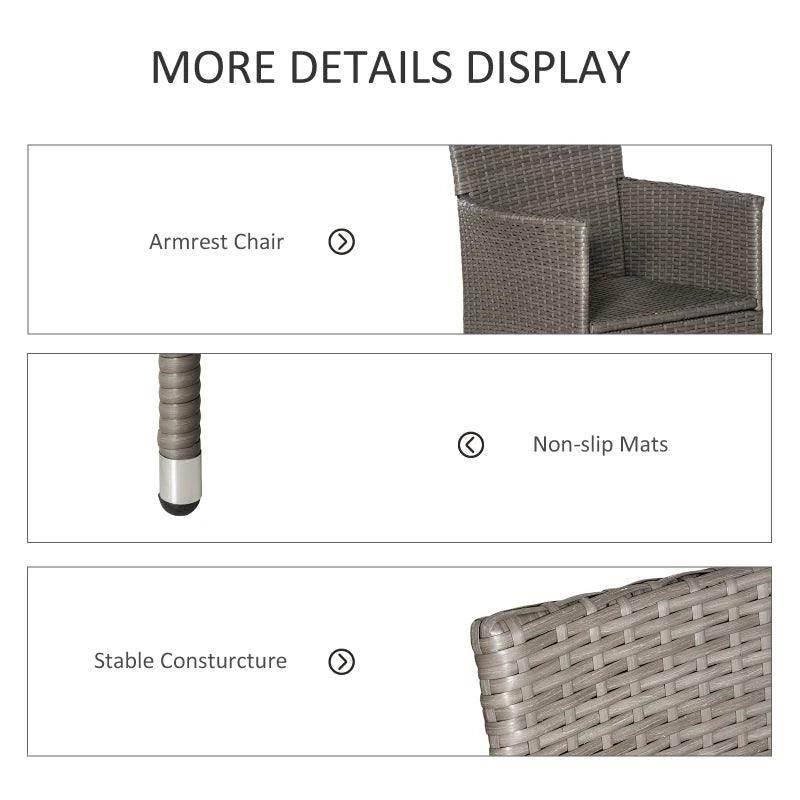 Gray-brown rattan armchair with armrests, dark cushion, and tubular metal legs