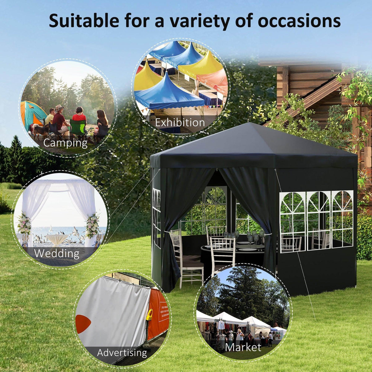 Party tent gazebo with dark canopy and removable sidewalls for outdoor events