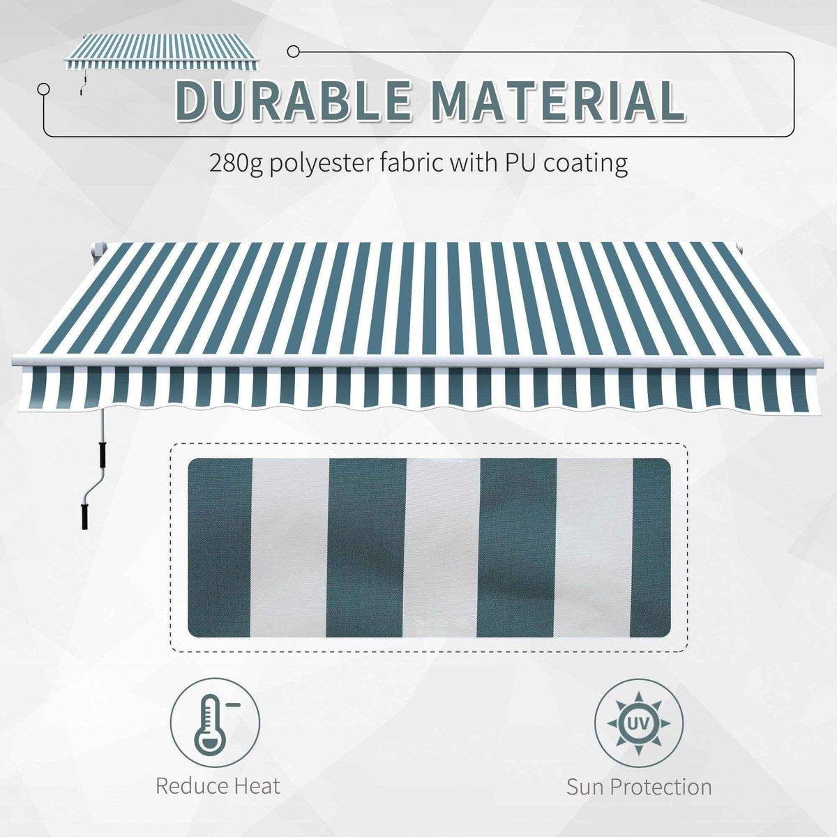 Striped outdoor awning with durable 280g polyester fabric, UV protection and heat reduction for patios or windows