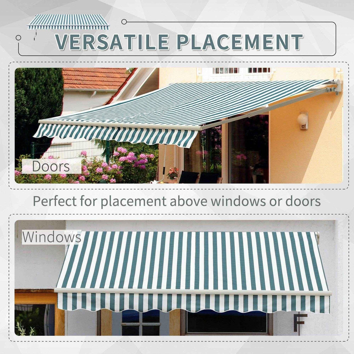 Striped outdoor awning for doors and windows, providing shade and style to home exteriors.