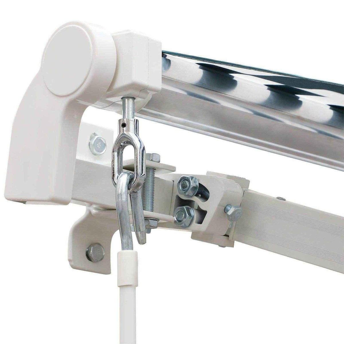 White metal clothesline pulley system with chrome hardware and adjustable tensioner for outdoor laundry drying