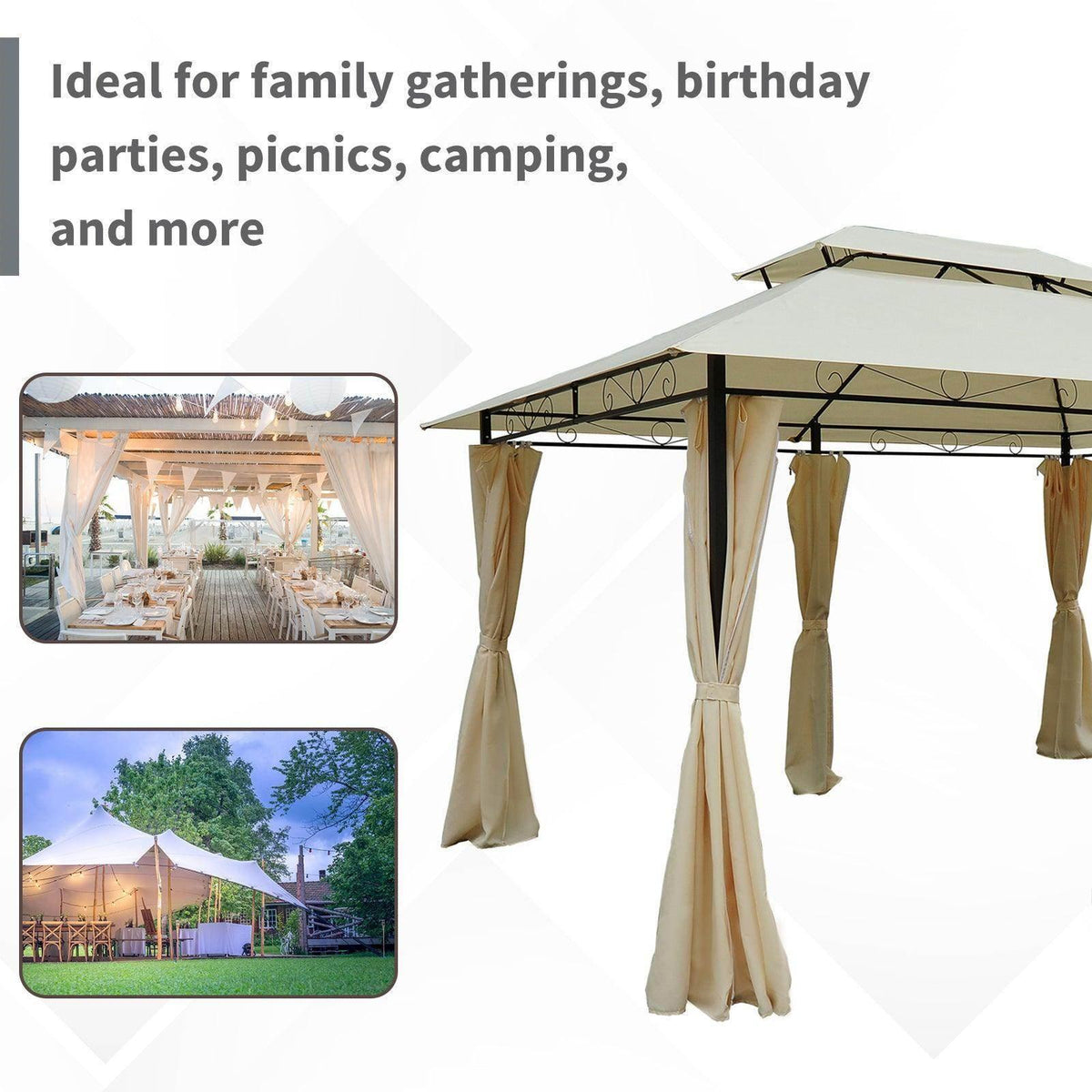 Beige outdoor gazebo with decorative curtains, perfect for garden parties, picnics, and camping events.
