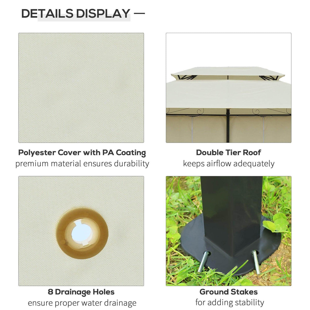Outdoor gazebo with polyester PA-coated cover, double tier roof, drainage holes, and ground stakes for stability