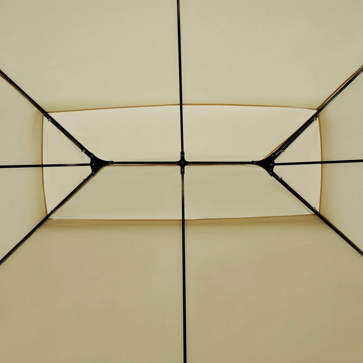 Beige pop-up canopy tent interior with black steel frame, ideal for garden or outdoor events.