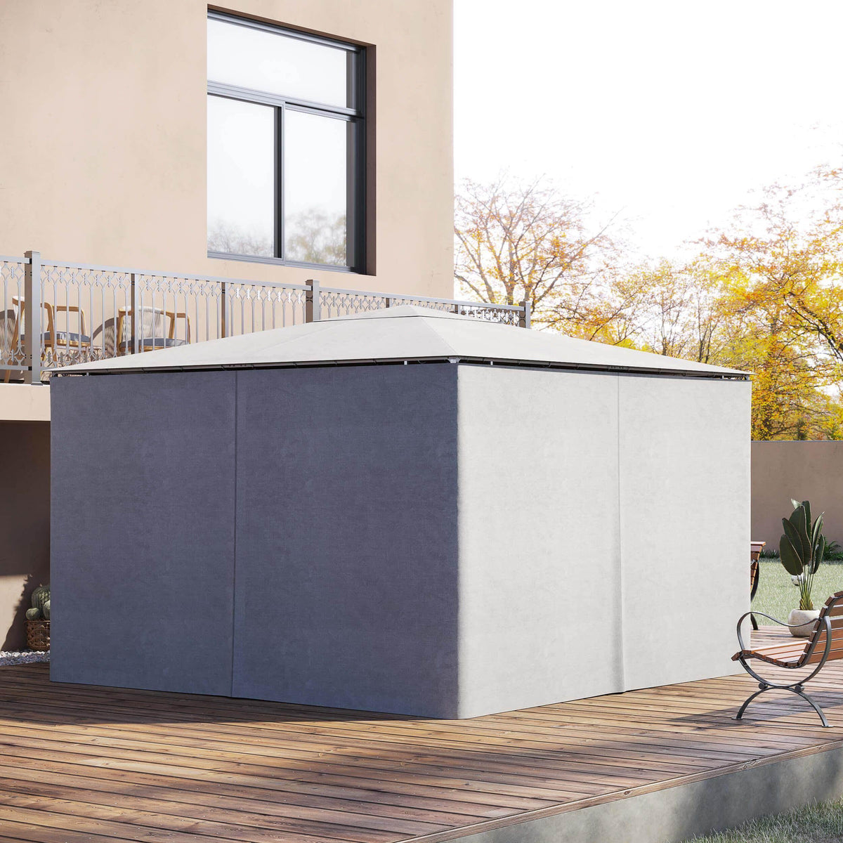 Light grey gazebo sidewall panels installed on a square frame, with zipper seams