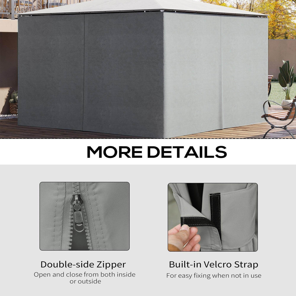 Light grey gazebo sidewall panels covering the gazebo sides with double-zipper edges