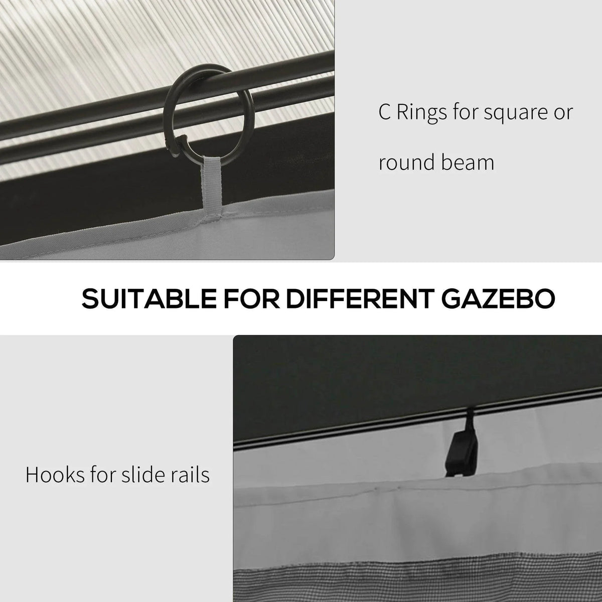 Light grey sidewall panel with black C-rings and hanging hooks for gazebo beams