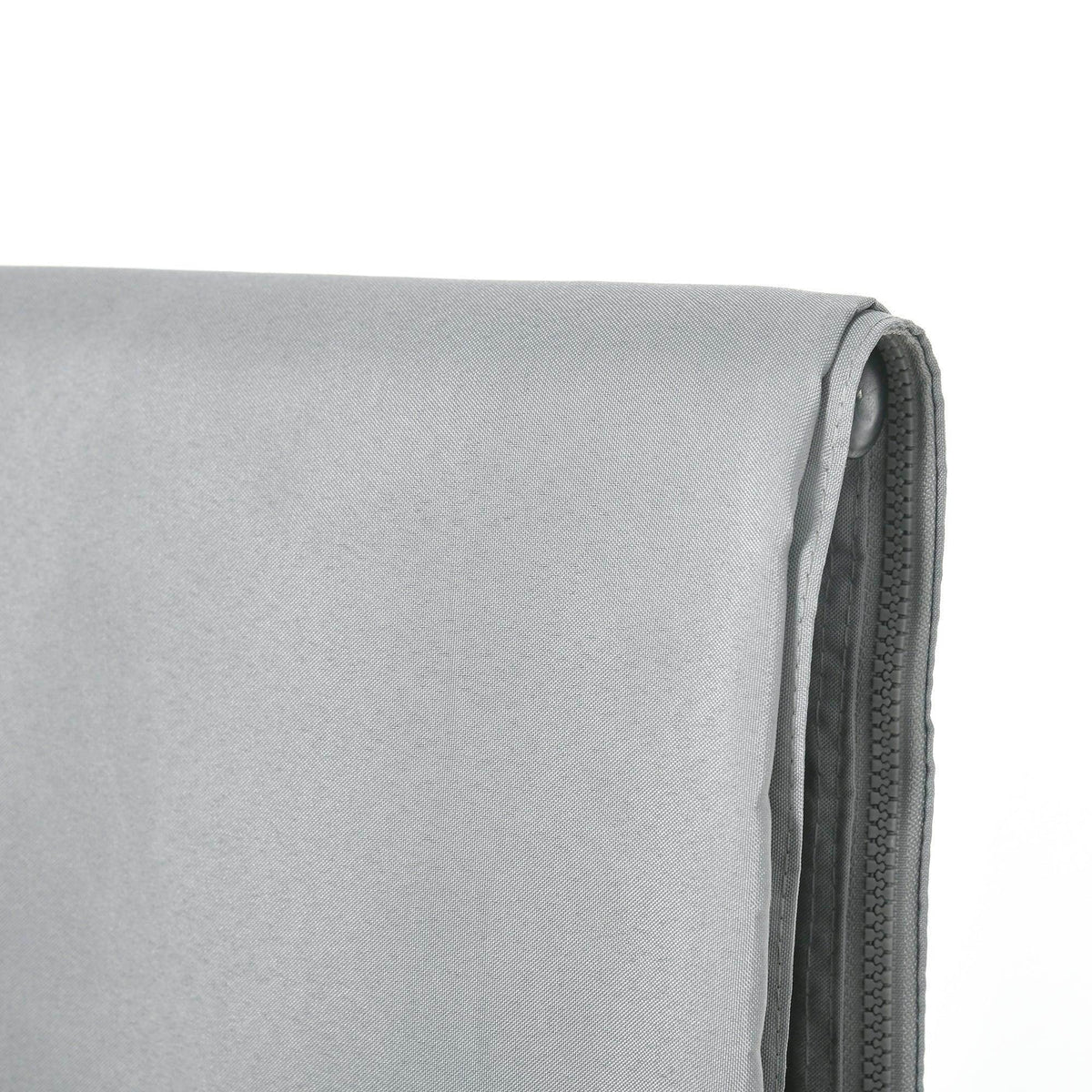Light grey gazebo sidewall panel corner seam with zipper track detail