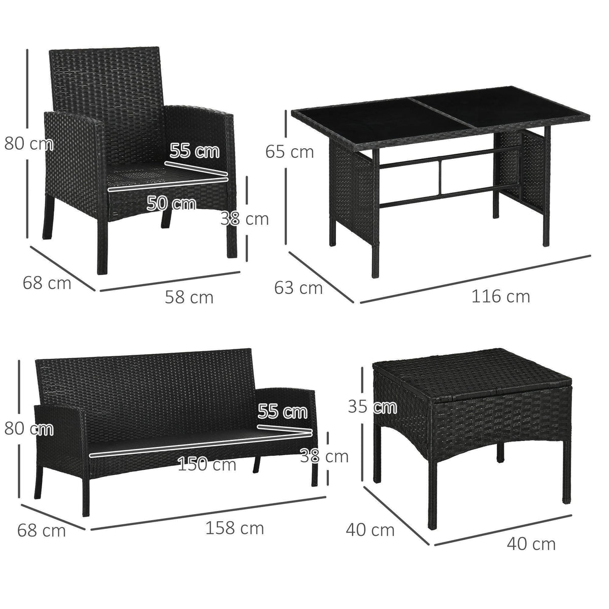 Black rattan patio chairs and glass table with labeled dimensions