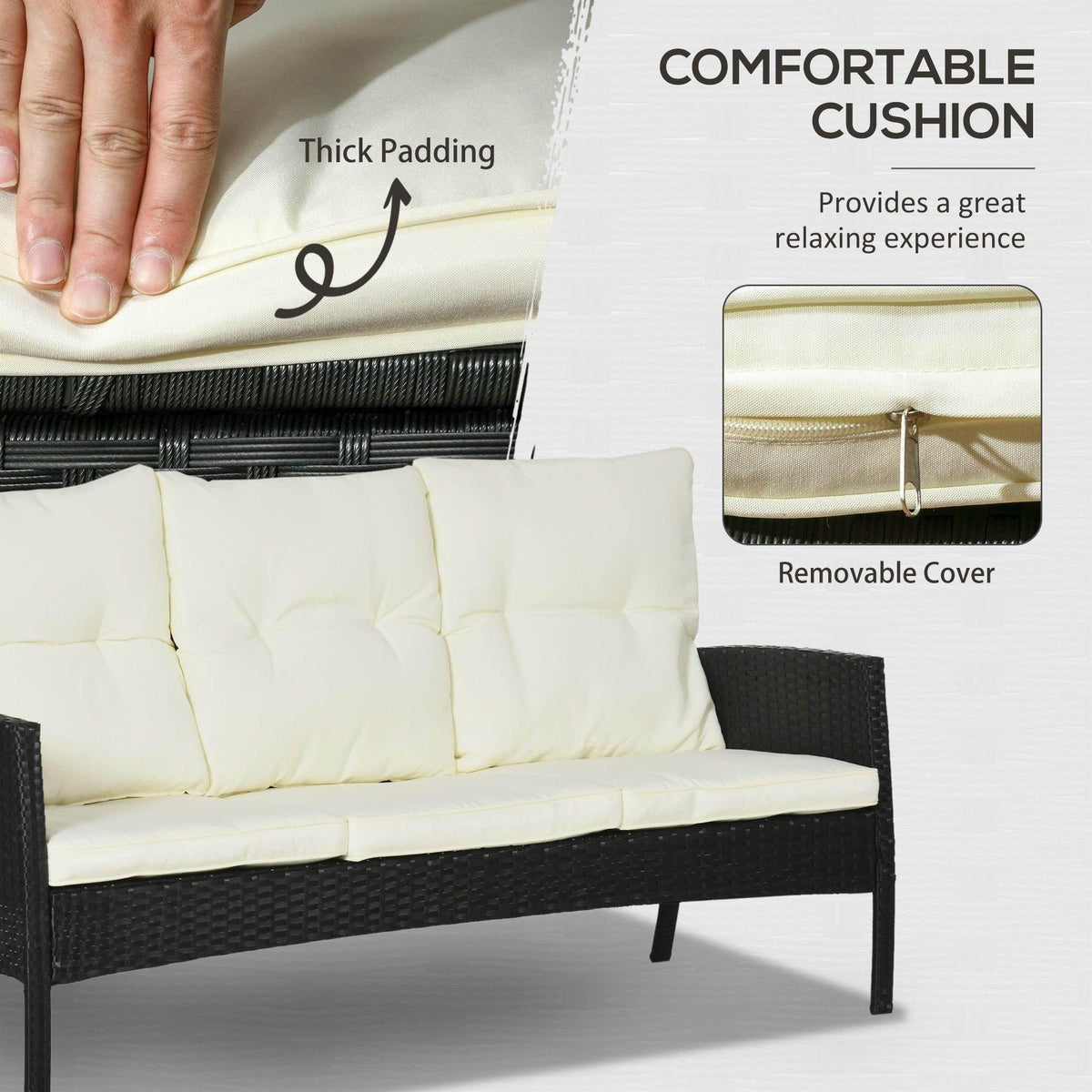 Black rattan lounge chair with thick cream seat cushion and removable cover