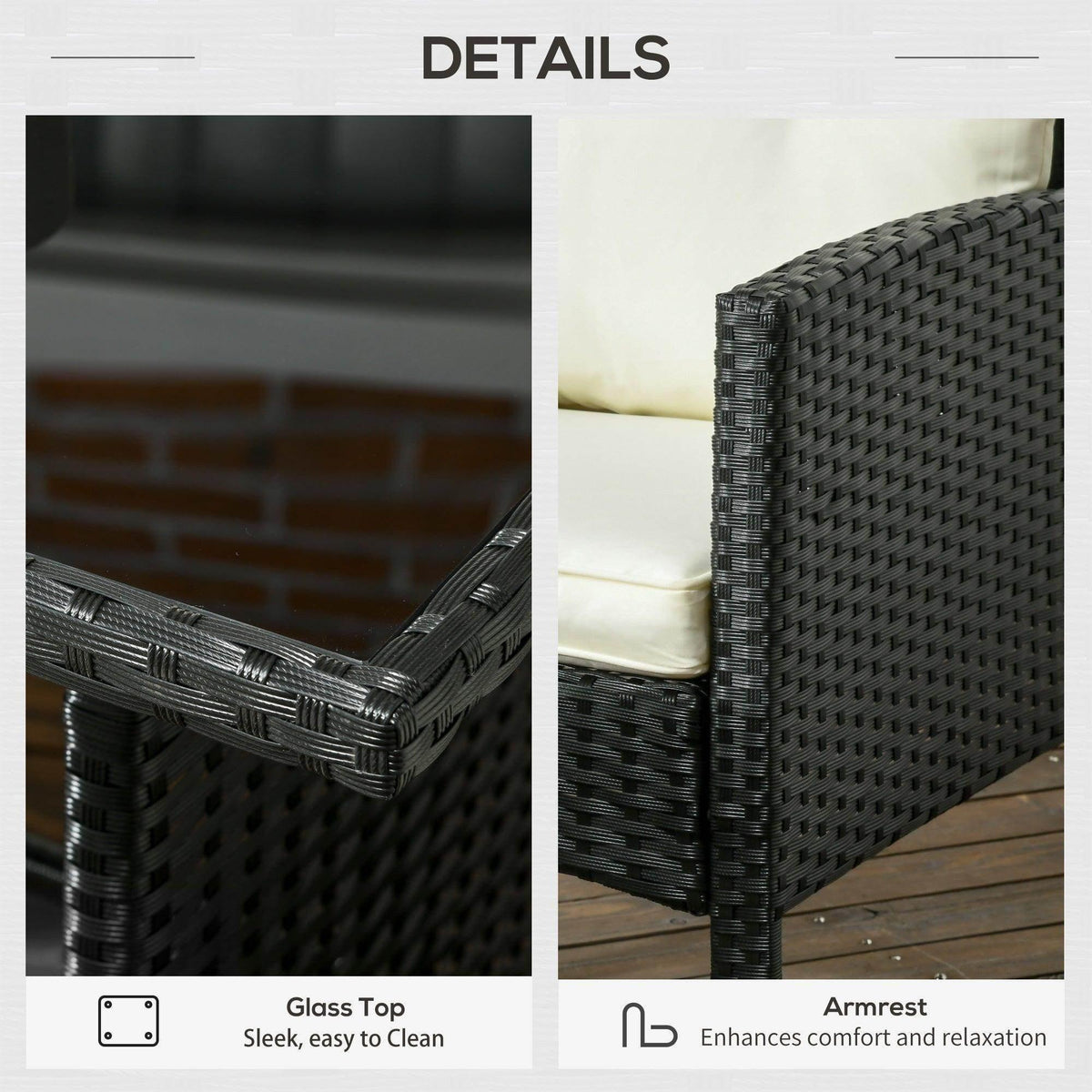 Black rattan armrests with glass tabletop over dark woven base