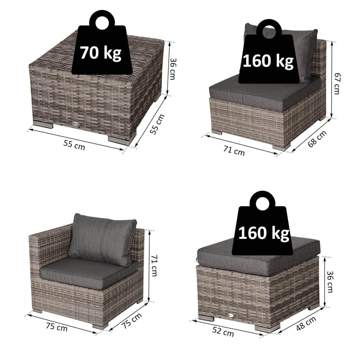 Grey woven rattan sofa seat with attached cushion, shown with size and weight views