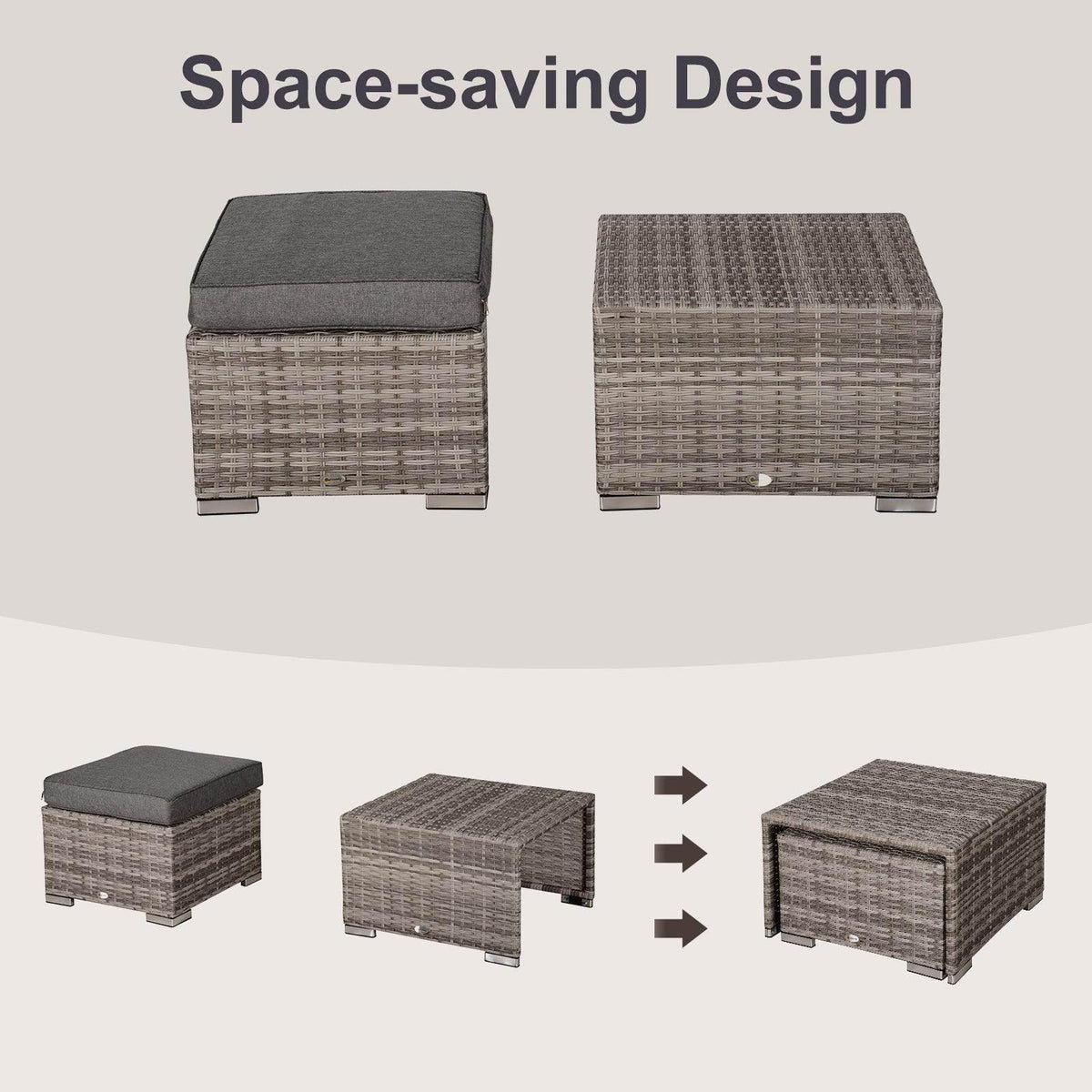 Grey woven rattan ottoman and small seating pieces in a space-saving modular design