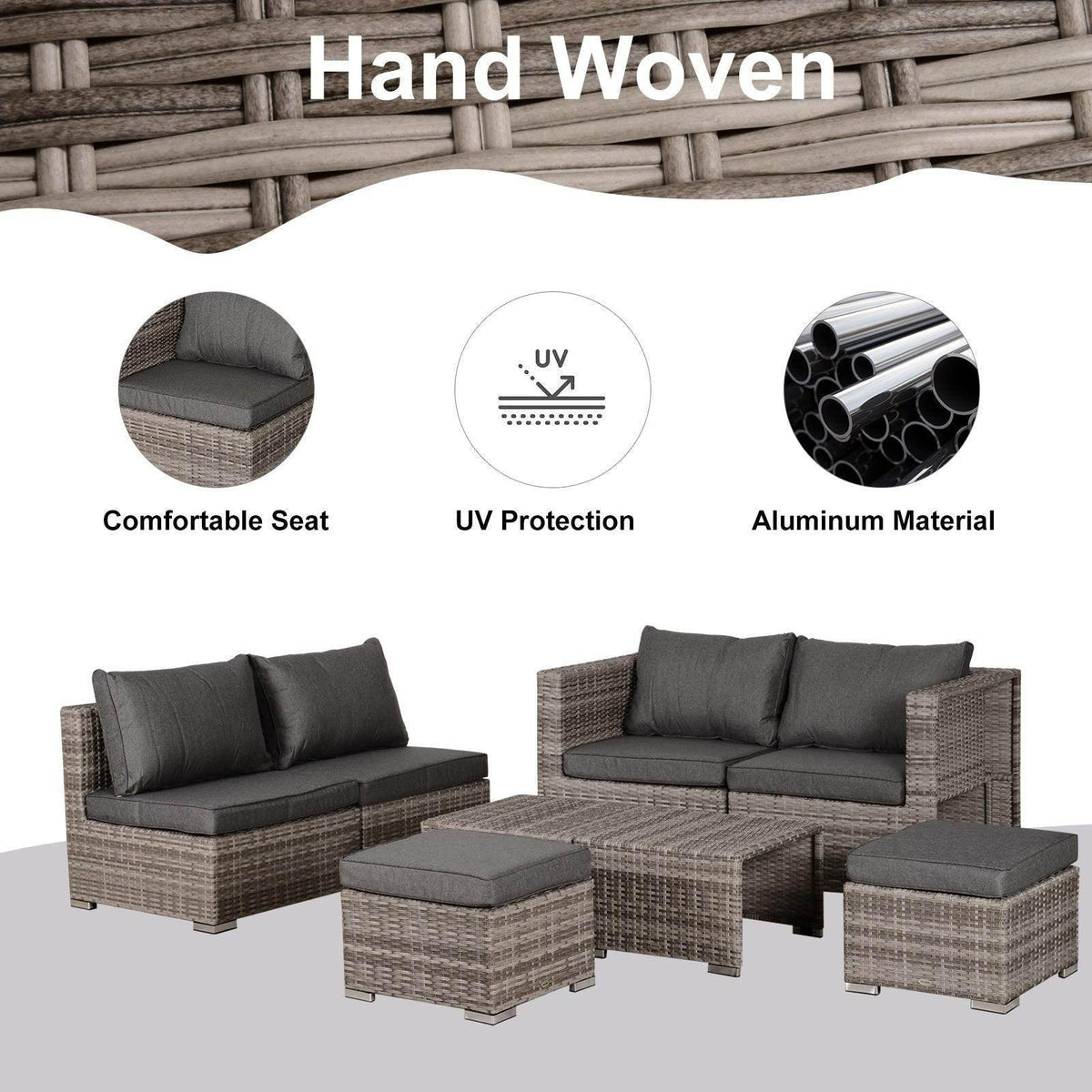 Grey handwoven rattan outdoor seating set with plush seat cushions and matching footstools