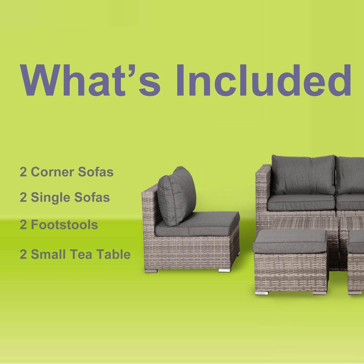 Grey outdoor rattan furniture set with corner sofas, single sofas, footstools, and tea tables