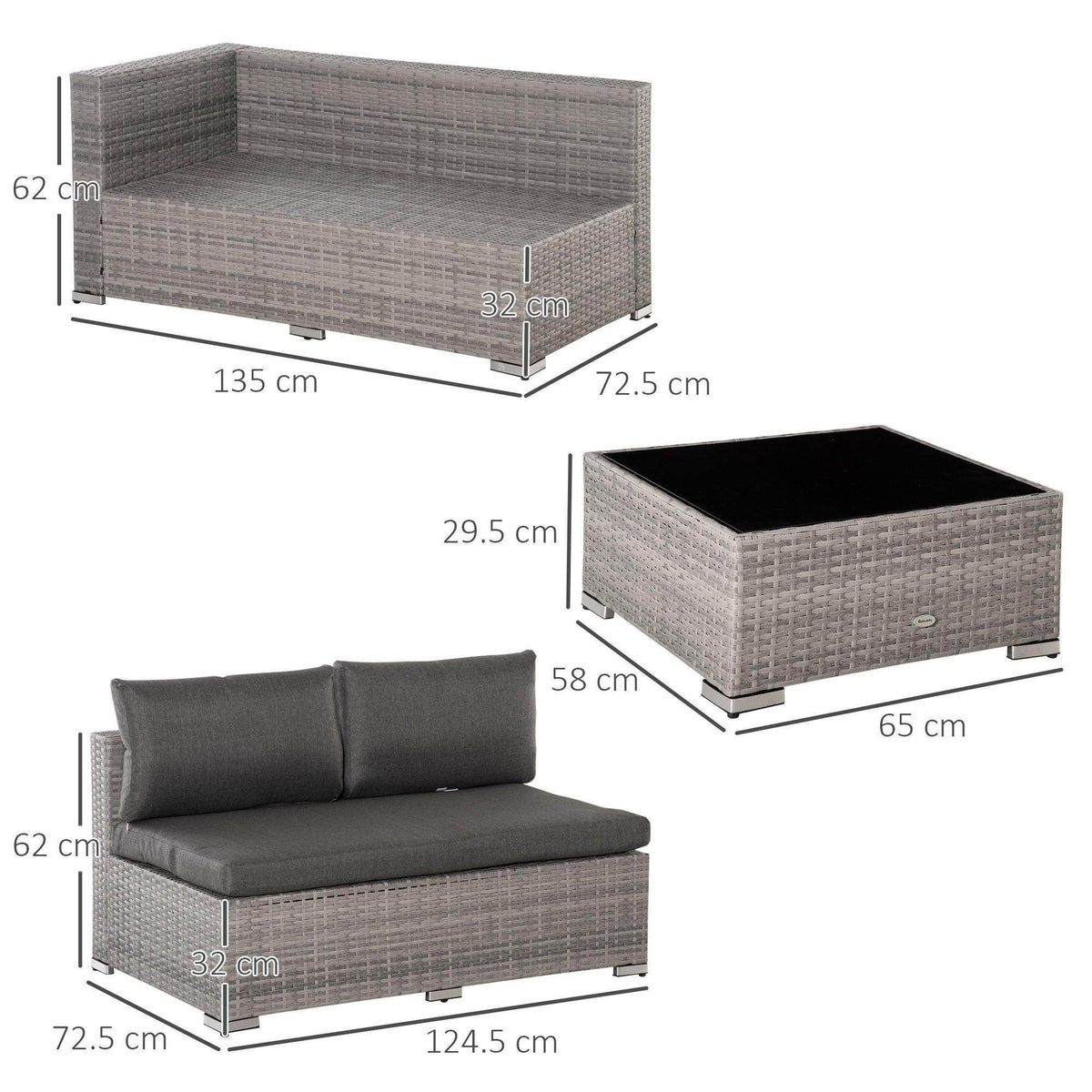 Outdoor rattan sofa set layout with gray cushions and matching storage coffee table
