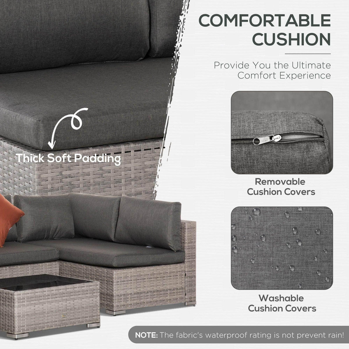 Outdoor rattan sofa corner with thick gray cushions and soft padded seating