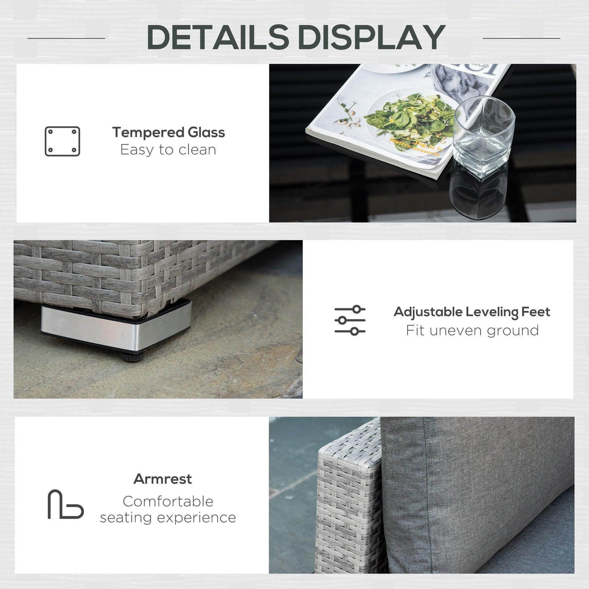 Outdoor rattan sofa set details: tempered glass tabletop and adjustable leveling feet