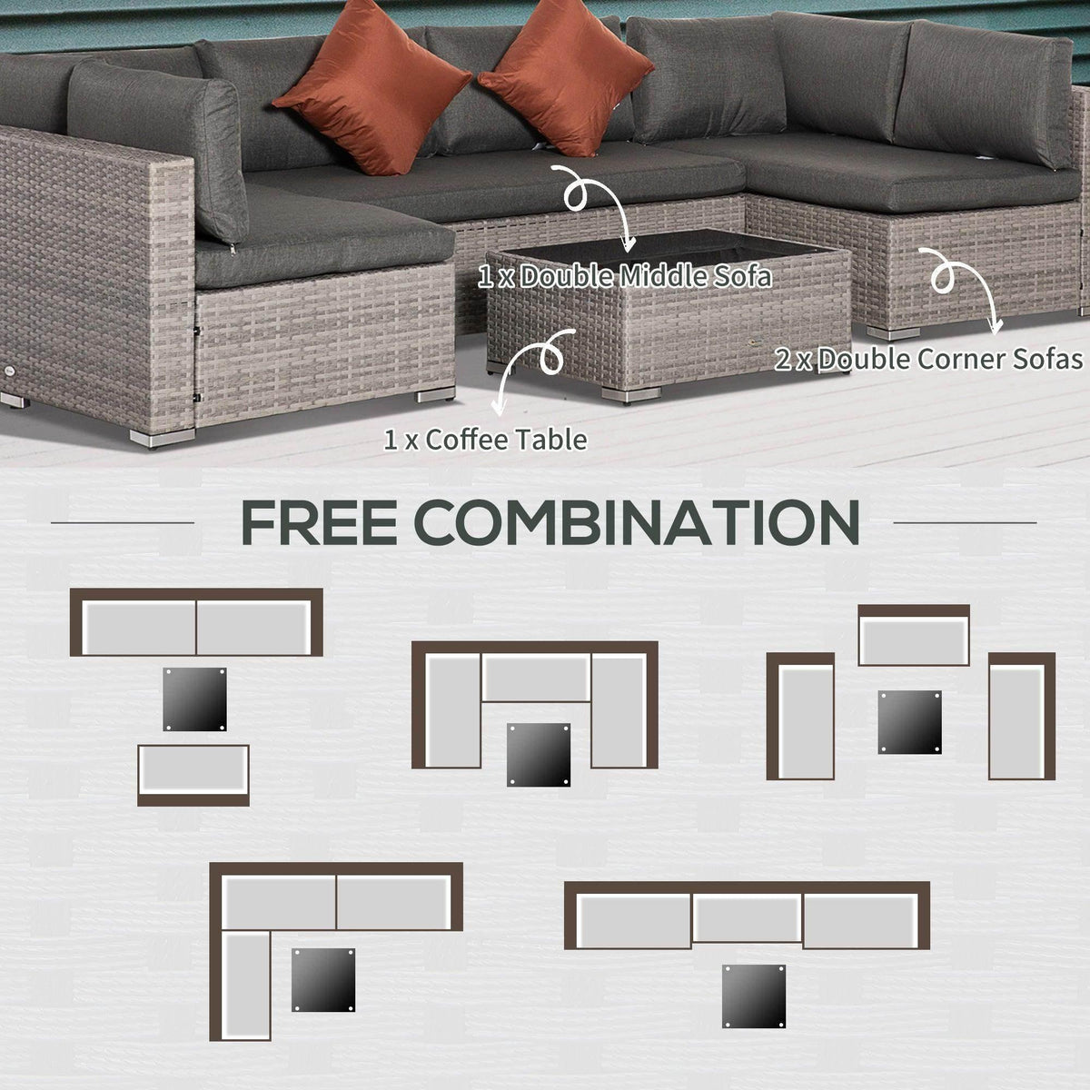 Outdoor rattan sofa set modular configuration with corner pieces and coffee table