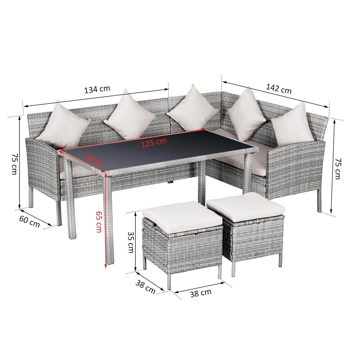 Rattan corner dining set layout: corner sofa with 4 pillows, dark table, 2 ottomans