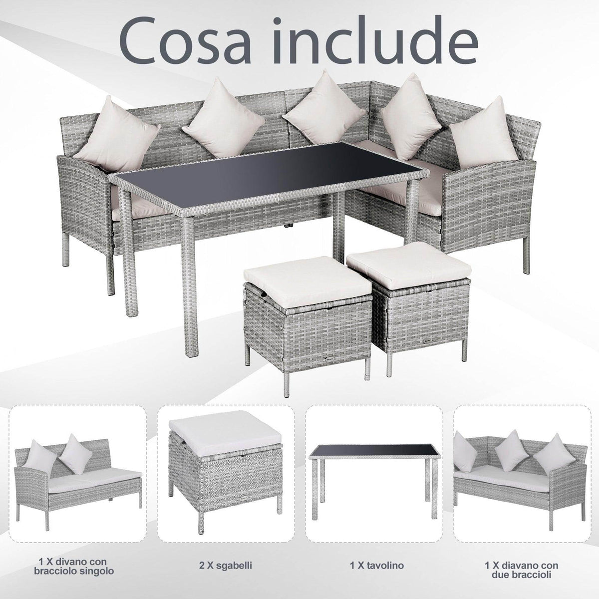 Rattan corner dining set with corner sofa, rectangular table, and two padded ottomans