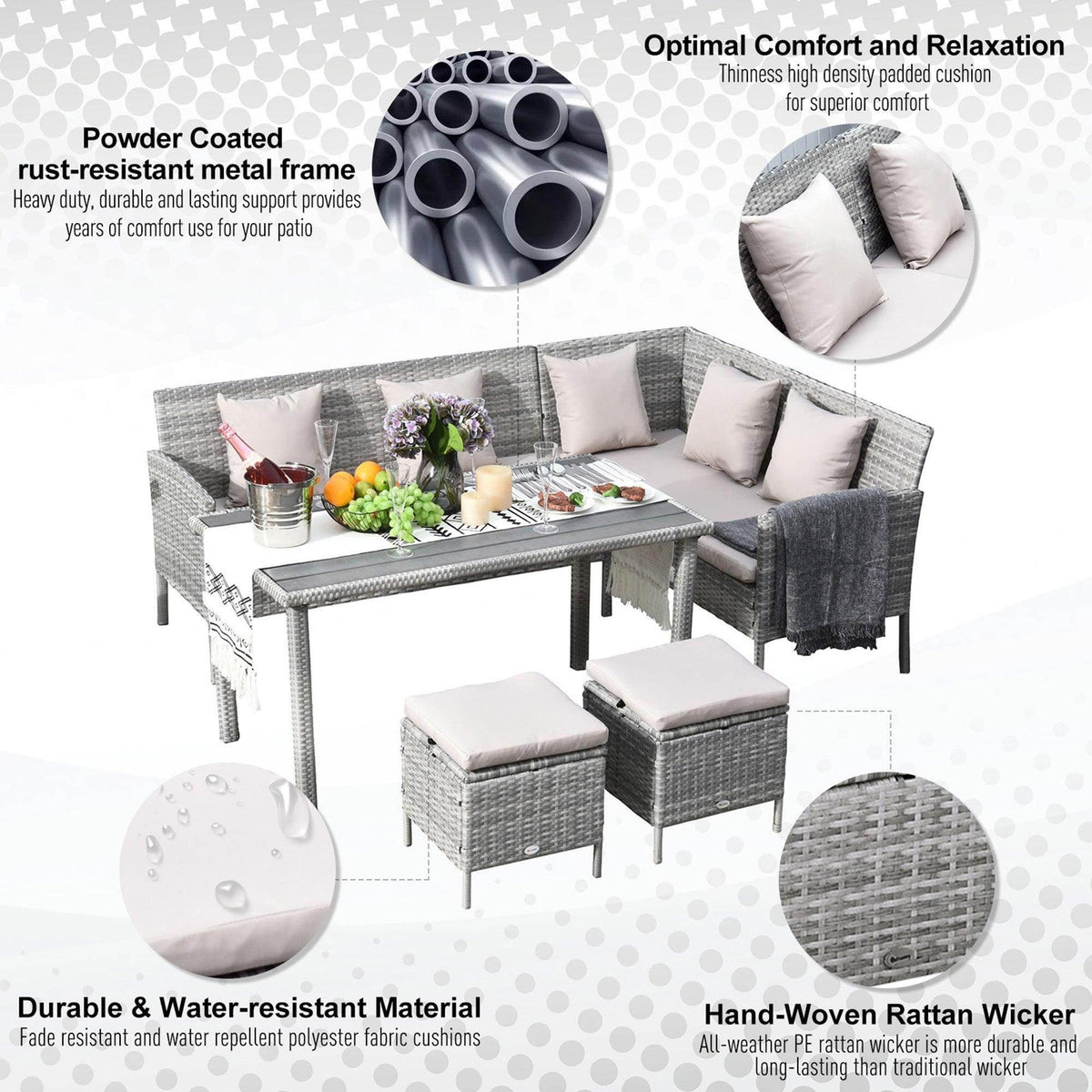 Gray rattan corner dining set with glass-top table, corner sofa, and two padded ottomans