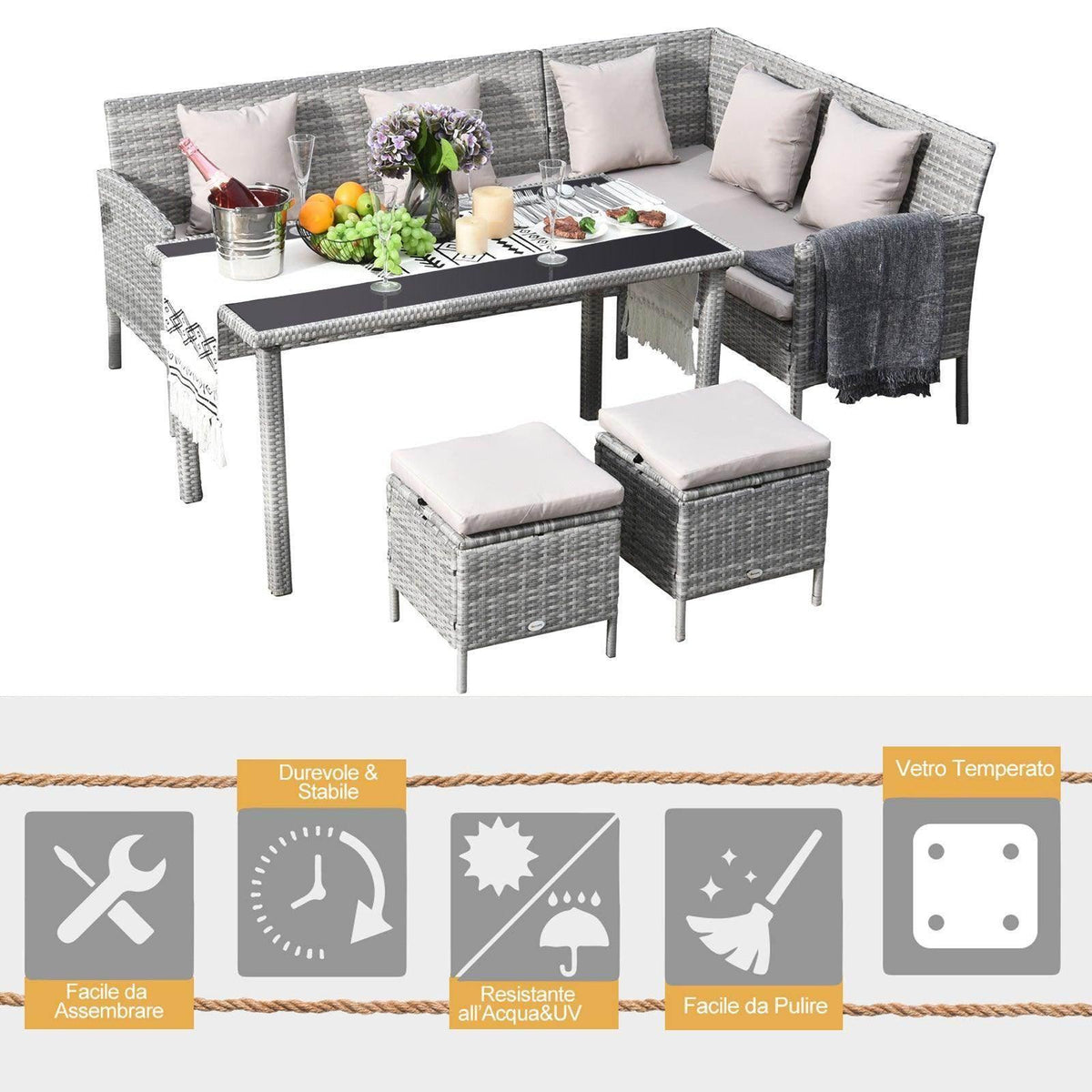 Rattan corner dining set with glass-top table, corner sofa, and two white padded stools