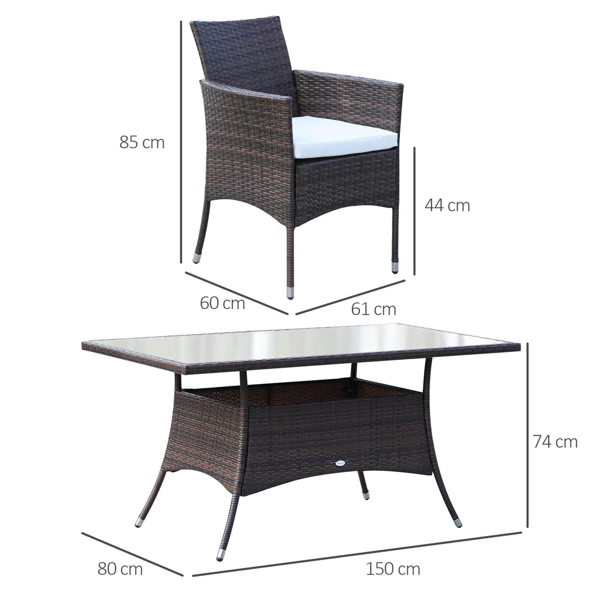 Brown wicker outdoor dining set with glass-top table & armchair, dimensions shown for patio or garden use