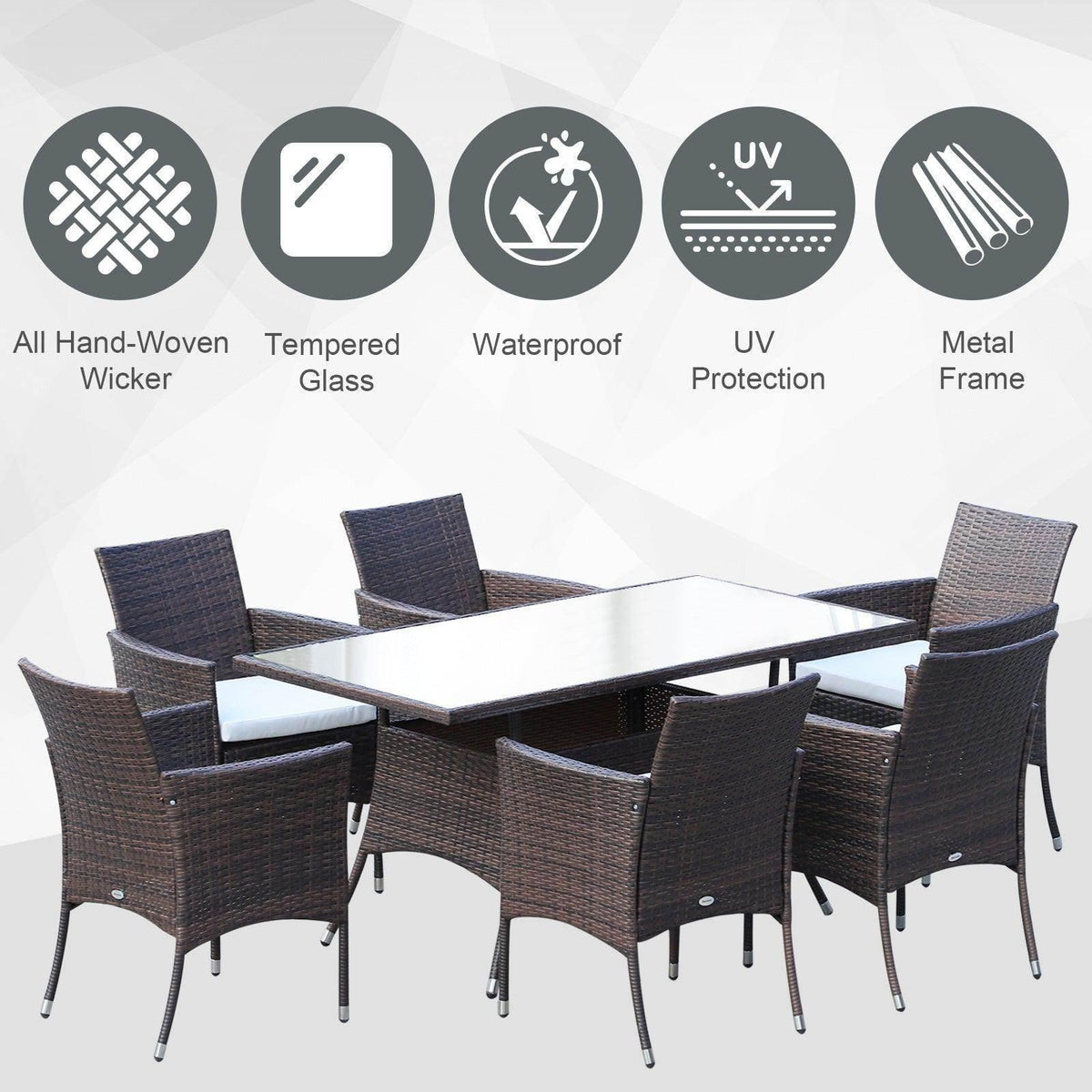 Outdoor wicker dining set with tempered glass table, waterproof & UV-protected for patio use