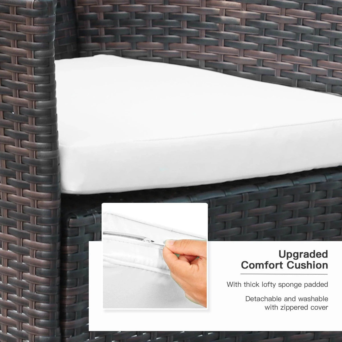 White cushion on dark wicker chair, zippered cover for easy washing, thick sponge padding for comfort
