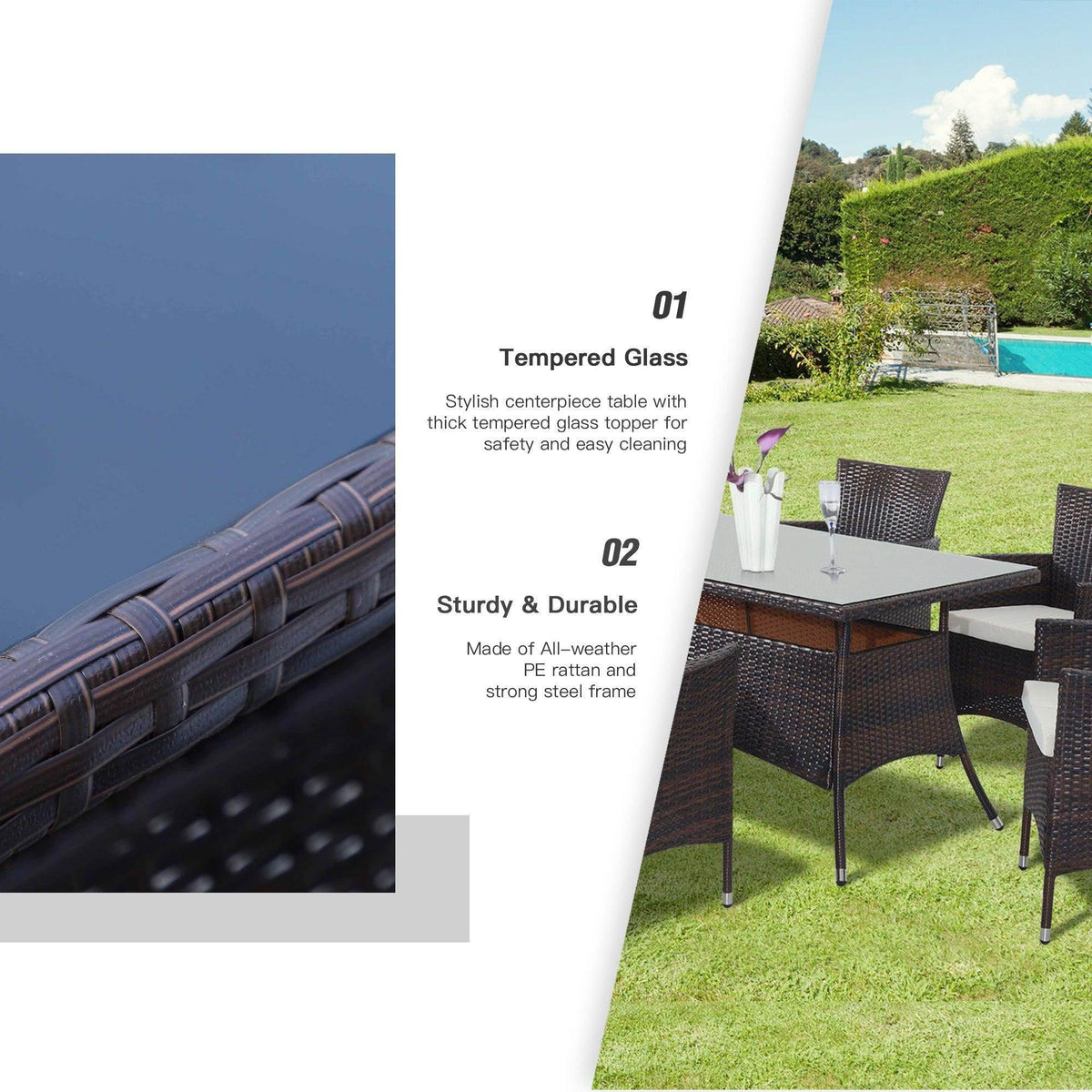 Outdoor wicker dining set with tempered glass table, all-weather PE rattan, steel frame, perfect for garden or patio