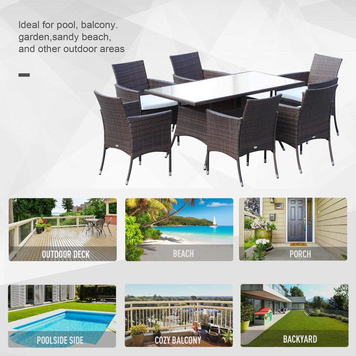 Brown wicker outdoor dining set with glass table & white cushions, perfect for patio, poolside, balcony, or garden use.