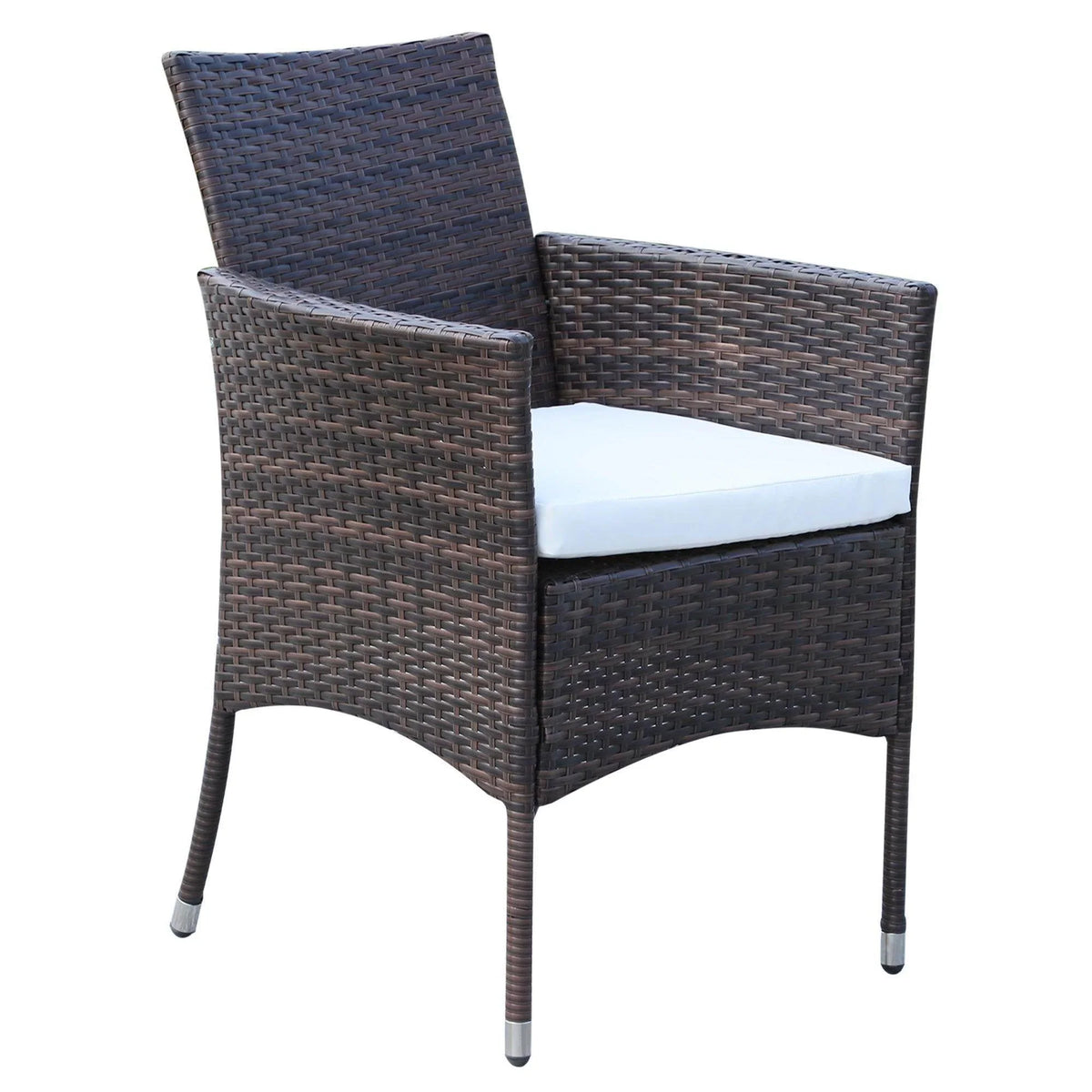Brown wicker outdoor armchair with white cushion, perfect for garden or patio seating.