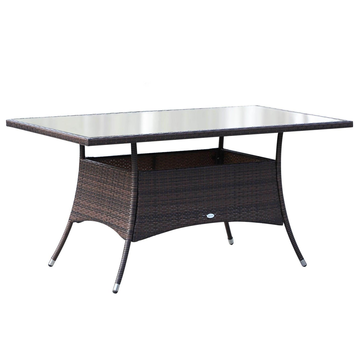Brown rattan rectangular outdoor dining table with glass top and curved legs
