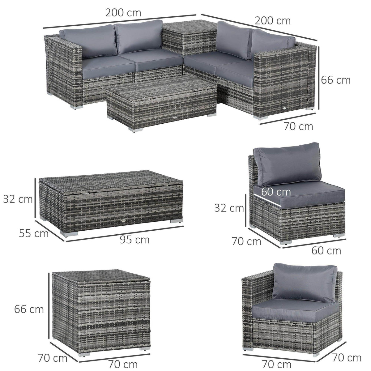 Grey rattan corner sectional sofa set with chaise and matching ottoman cushions