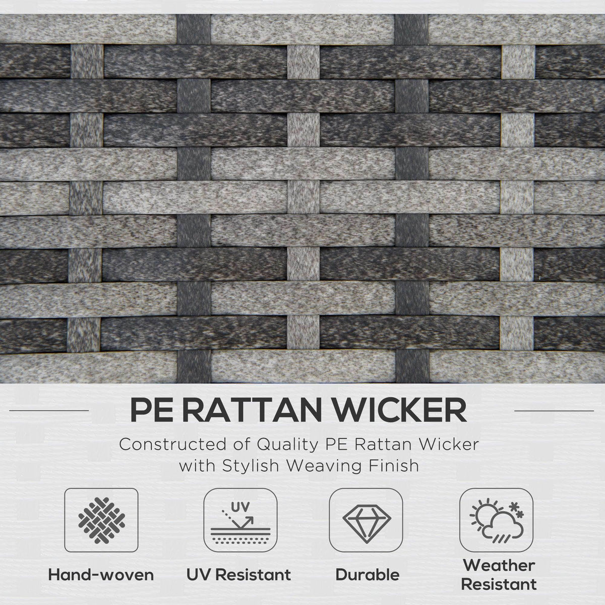 Grey PE rattan wicker weave close-up with textured brick-like pattern