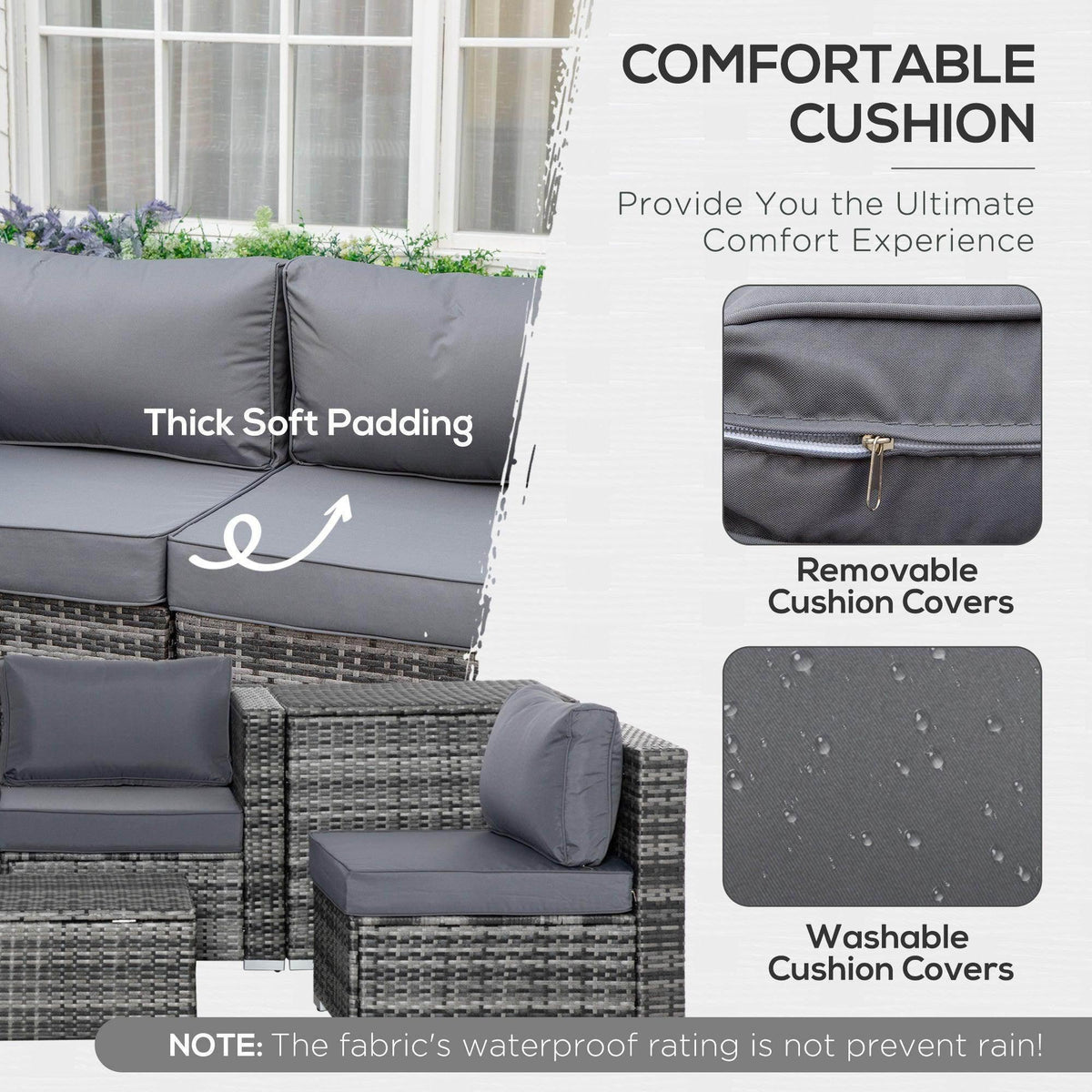 Grey outdoor sofa cushions with thick padding and removable cover zippers