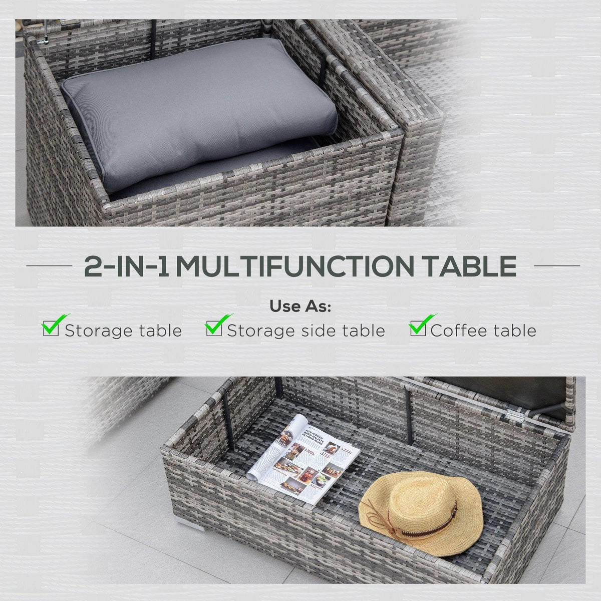 Grey rattan storage table ottoman with open lid and grey cushion on top