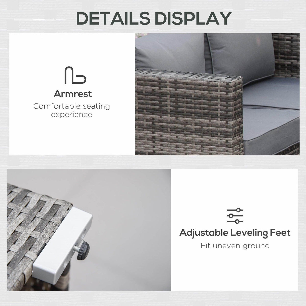 Grey rattan sofa corner detail with adjustable leveling feet at the base
