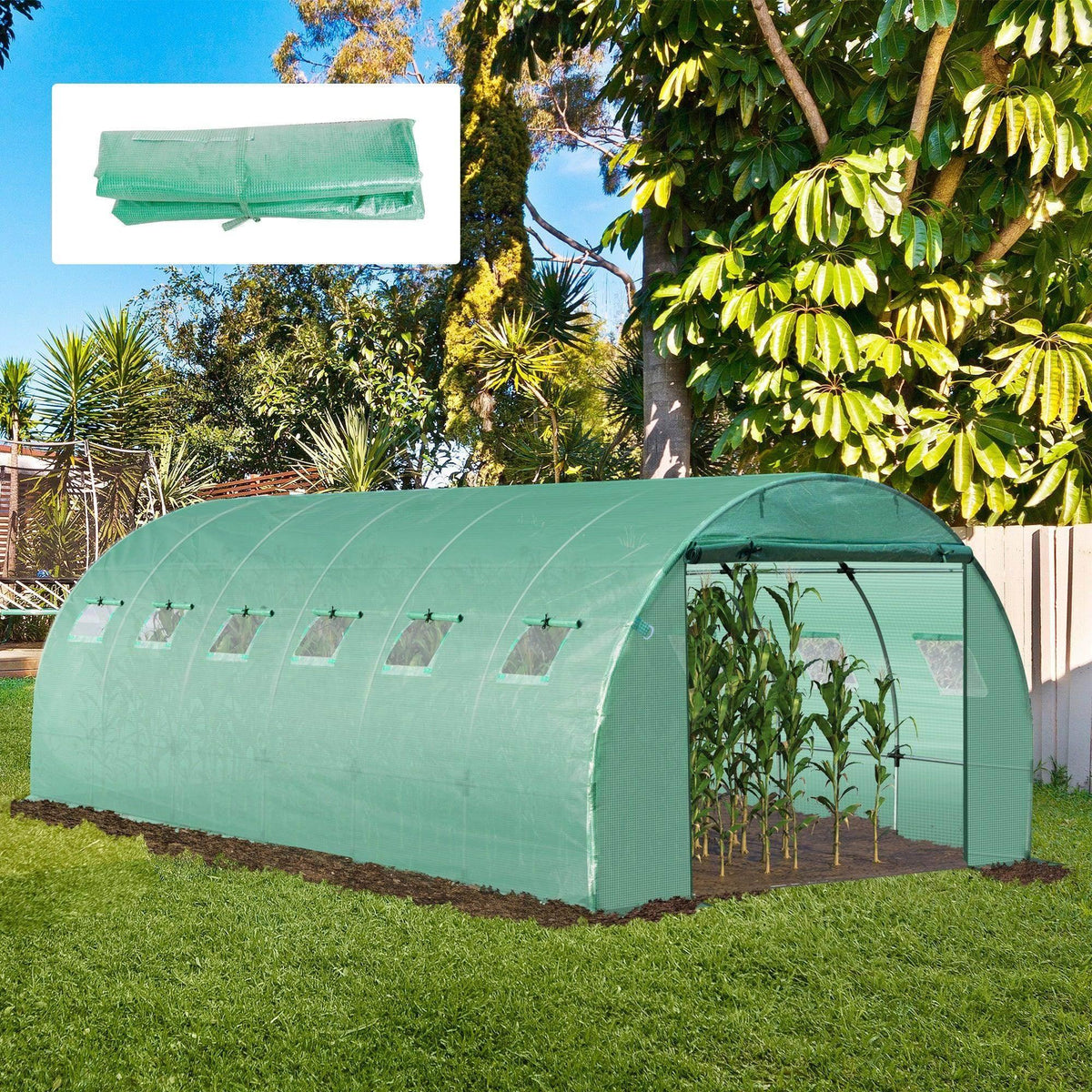 Green PE greenhouse cover with arched roof and side ventilation panels