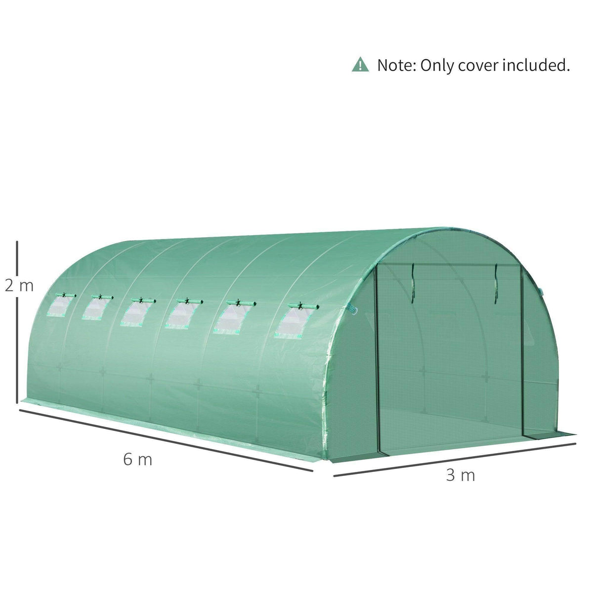 Green arched greenhouse PE cover with roll-up door and open end