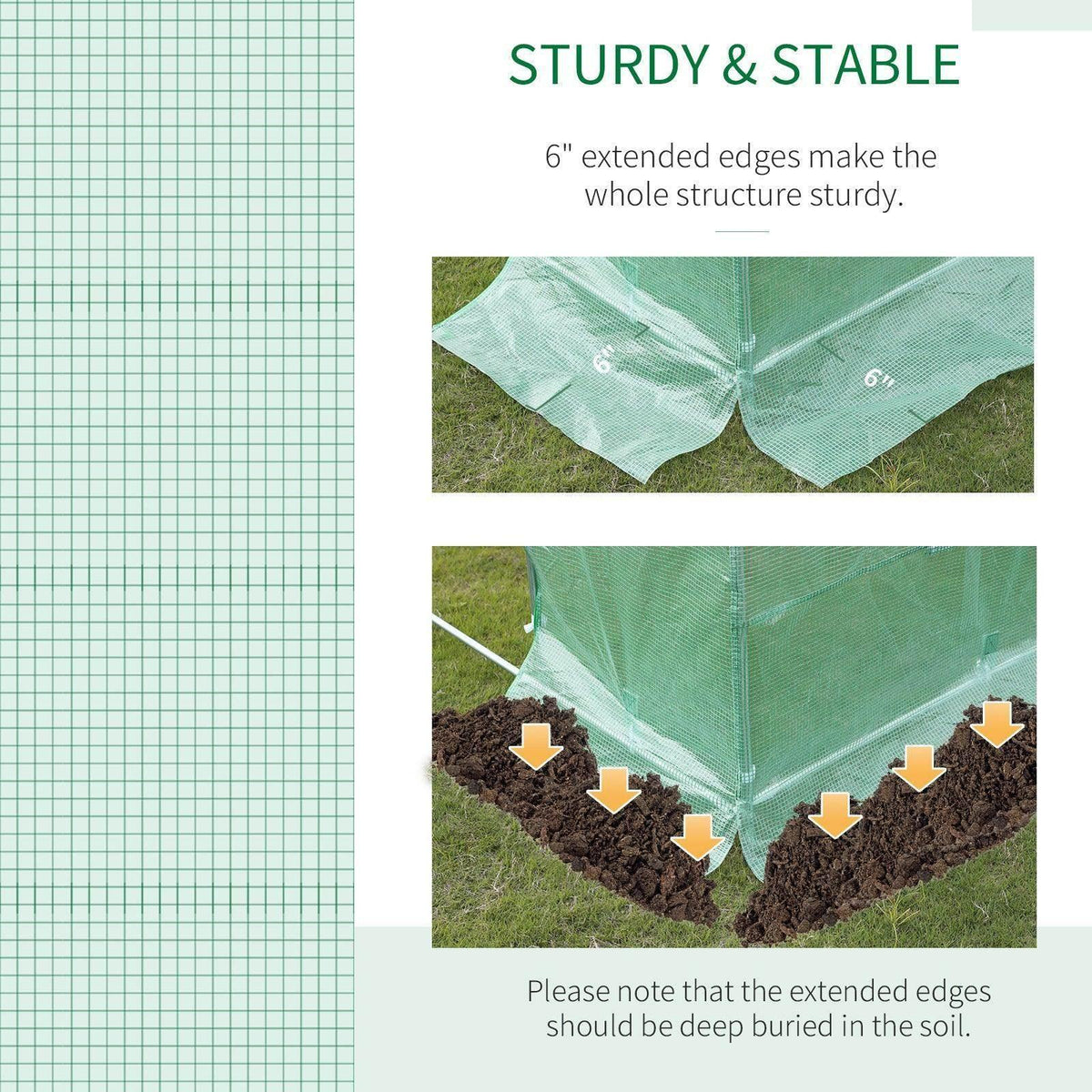 Green greenhouse PE cover with extended edges designed to be buried in soil