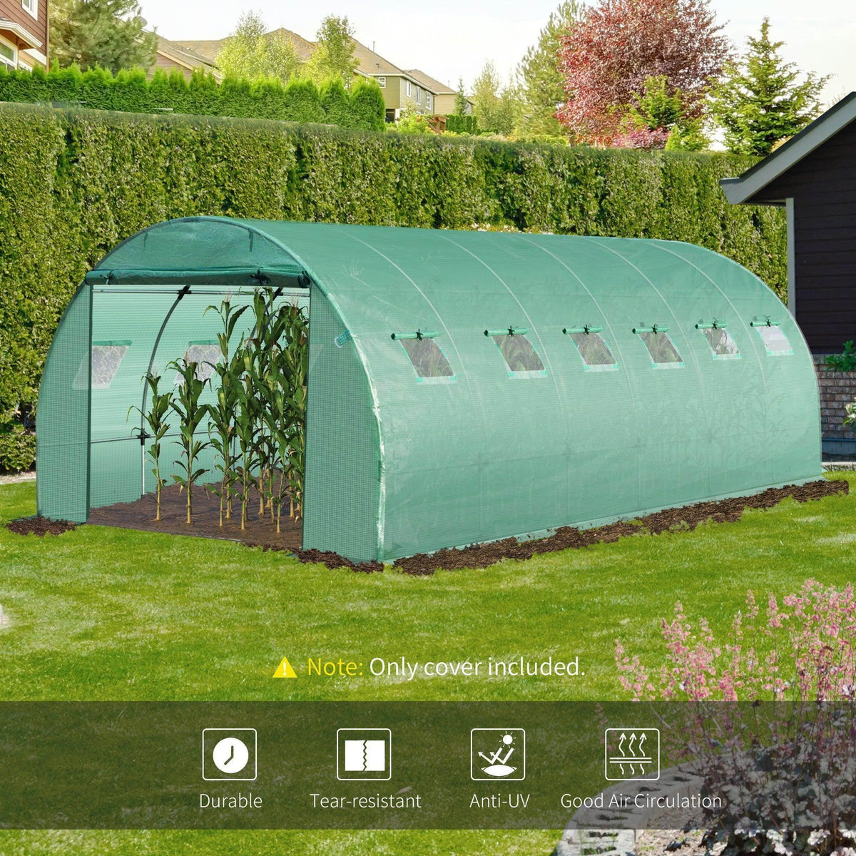 Green PE greenhouse cover with arched roof and roll-up door opening