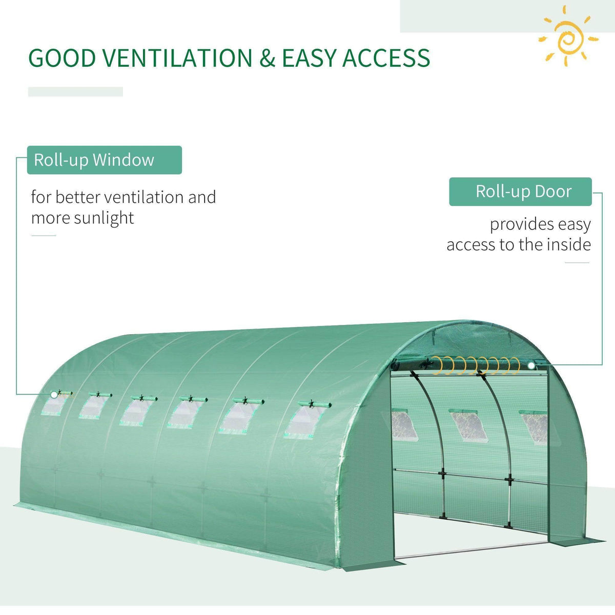 Green PE greenhouse cover showing roll-up window and roll-up door for access