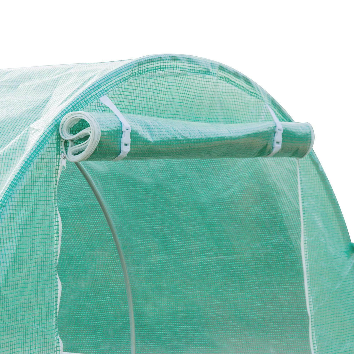 Green PE greenhouse cover close-up of arched frame bars and rolled rim