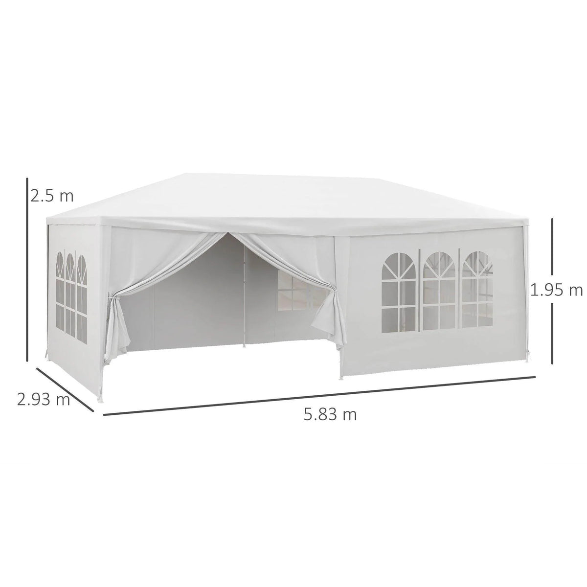 White party tent gazebo with roof and removable side walls, shown in side view