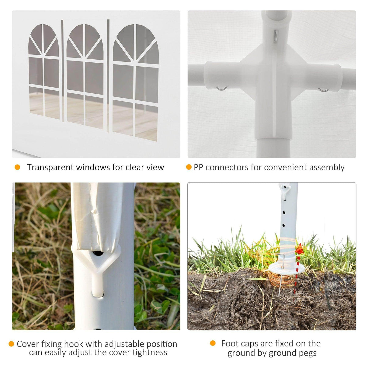 White tent side wall panels with transparent windows and PP connector detail
